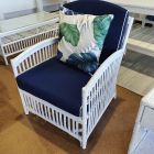 "Whitehaven" Hamptons Style Alfresco Armchair Rattan White with Navy Cushions White Piping, 82cmL x 68cmW x 86cmH (RRP $799)