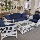 "Airlie" Hamptons Style Alfresco 4 Piece Rattan Lounge Package, 3 Seater Lounge, 2 x Armchairs & Coffee Table, White with Navy Blue(RRP $4999)