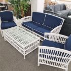 "Whitehaven" Alfresco Hamptons Style Lounge Package 2.5 Seater, 2 x Armchairs & Coffee Table White Rattan, Navy Blue Cushions (RRP $3499)