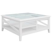 "Montauk" Hamptons Style Timber Coffee Square Table Glass Top & Cross Leg White, 100cm x 100cm x 45cm (RRP $999)