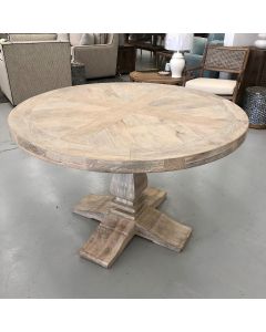 "Whitsunday" Hamptons Style Parquetry Hardwood Timber 120cm Round Dining Table, Beachwhite Finish SEATS 4 (RRP $1799)