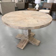 "Whitsunday" Hamptons Style Parquetry Hardwood Timber 120cm Round Dining Table, Beachwhite Finish (RRP $1999)