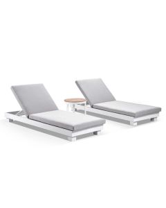"Hawaii" Hamptons Style Aluminium Sun Lounge Set in White with Olefin Grey Cushions + Teak Top Round Side Table (RRP $3999)