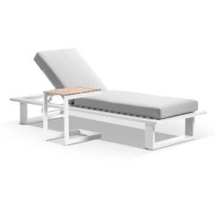"Barbados" Hamptons Style Aluminium Sun Lounge in White with Olefin Grey Cushions & Teak Slide Under Side Table