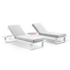 "Barbados" Hamptons Style Aluminium Sun Lounge Set in White with Olefin Grey Cushions & Teak Round Side Table