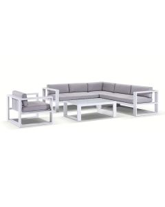 "Hawaii" Hamptons Style Outdoor Modular Lounge Setting + Armchair with Coffee Table, White Olefin Grey Cushions (RRP $4999)