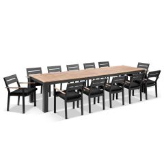 "Newport" Hamptons Style Outdoor 3.55m Aluminium and Teak Top Dining Table with 12 Avalon Chairs in Charcoal