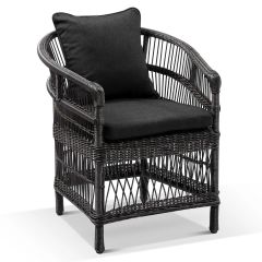 "Malawi" Hamptons Style Outdoor Wicker & Aluminum Dining Chair, Charcoal (Dark Grey) Wicker with Denim Grey Cushions