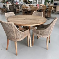 "Bali" Hardwood Timber 120cm Round Dining Table + 4 Coral Bay Rattan Dining Chairs Greywash (RRP $2499)