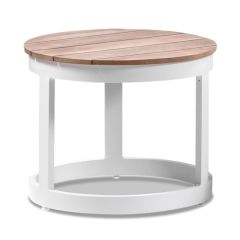 "Newport" Hamptons Style Outdoor Round Aluminium and Teak Coffee Table in White