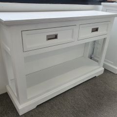 "Cove" Hamptons Style Console Table 2 Drawer, Brushed White, 125cmW x 38cmD x 80cmH (RRP $799)