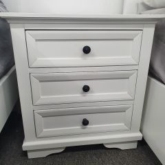 "Emily" Hamptons Style Timber Bedside Table 3 Drawer White, 55cmL x 42cmD x 60cmH (RRP $499)