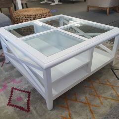 "Montauk" Hamptons Style Timber Coffee Square Table Glass Top & Cross Leg White, 100cm x 100cm x 45cm (RRP $999)