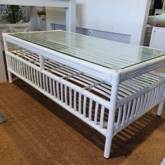 "Alfresco" Rattan Coffee Table with Tempered Glass in White, 120cmL x 60cmW x 45cmH (RRP $799)