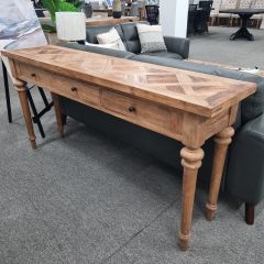 "Marrakesh" Hardwood Parquetry Hall Table with turned legs Recycled Elm, 180cm x 40cm x 85cm (RRP $1499)