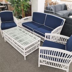 "Alfresco" Hamptons Style Lounge Package 2.5 Seater, 2 x Armchairs & Coffee Table White Rattan, Navy Blue Cushions (RRP $3499)