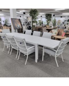 "Santorini" Resort Style Outdoor White Aluminium Extension Dining Table Package & 8 High Back Chairs (RRP $4499)