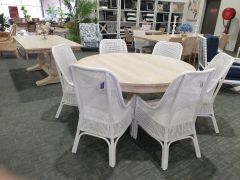 "Noosa" Hampton Style Hardwood Timber Round Dining Table with Pedestal Base, Beachwhite, 150cm DIA + 6 Southbeach White (RRP $3999)