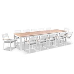 "Newport" Hamptons Style Outdoor 3.55m Aluminium and Teak Top Dining Table with 12 Avalon Chairs in White