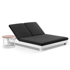 "Hawaii" Hamptons Style Double Aluminium Sun Lounge in White with Denim Grey Cushion & Teak Look Round Side Table