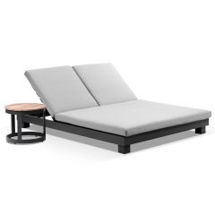 "Hawaii" Hamptons Style Double Aluminium Sun Lounge in Charcoal with Olefin Grey Cushion & Round Side Table