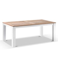 "Newport" Hamptons Style Outdoor White Aluminium Teak Top Dining Table, 180x100cm
