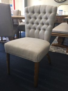 "Dianna" French Provincial Linen Buttoned Dining Chair, Linen with Natural Timber Legs (RRP $449)