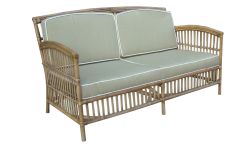 "Alfresco" Hamptons Style 2.5 Seater Rattan Cane Lounge Natural Taupe Cushions White Piping, 156cmL x 68cmW x 86cmH (RRP $1499)