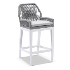 "Oahu" Hamptons Style Outdoor Aluminium and Rope Bar Stool, White with Grey Rope