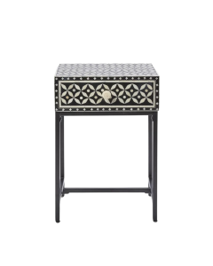 Stella Bone Inlay Bedside Table Black/White/Black Base, L 45cm W 35cm H 65cm (RRP $1099)