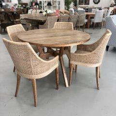 "Bali" Hardwood Timber 120cm Round Dining Table + 4 Coral Bay Rattan Dining Chairs Whitewash (RRP $2499)
