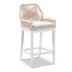 "Oahu" Hamptons Style Outdoor Aluminium and Rope Bar Stool, White with Cream Rope
