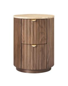 "Raphael" Travertine Bedside Table W46 × D46 × H60 cm Walnut (RRP $1299)