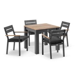 "Newport" Hamptons Style Outdoor Charcoal Aluminium Teak Top Square Dining Table Setting, 90x90cm (RRP $2999)