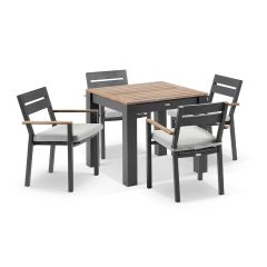 "Newport" Hamptons Style Outdoor Charcoal Aluminium Teak Top 5 Piece Dining Table Setting, 90x90cm (RRP $2999)