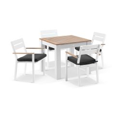 "Newport" Hamptons Style Outdoor White Aluminium Teak Top Square 5 Piece Dining Table Setting, 90x90cm (RRP $2999)