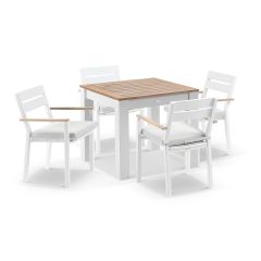 "Newport" Hamptons Style Outdoor White Aluminium Teak Top 5 Piece Dining Table Setting, 90x90cm (RRP $2999)