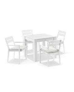 "Hawaii" Hamptons Style Square White Aluminium Dining Table with 4 Chairs, Olefin Grey Cushions
