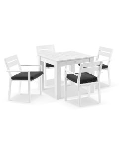 "Hawaii" Hamptons Style Square White Aluminium Dining Table with 4 Chairs, Denim Grey Cushions