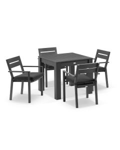 "Hawaii" Hamptons Style Square Charcoal Aluminium Dining Table with 4 Chairs, Denim Grey Cushions