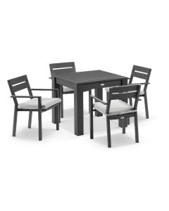 "Hawaii" Hamptons Style Square Charcoal Aluminium Dining Table with 4 Chairs, Olefin Grey Cushions