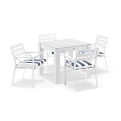 "Montego Bay" Hamptons Style Outdoor Aluminium Square 5 Piece Dining Table Set, White with Olefin Navy & White Stripe Cushions (RRP $2299)