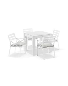 "Montego Bay" Hamptons Style Outdoor Aluminium Square 5 Piece Dining Table Set, White with Olefin Grey Cushions