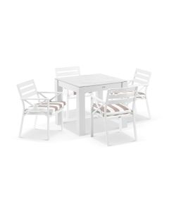 "Montego Bay" Hamptons Style Outdoor Aluminium Square 5 Piece Dining Table Set, White with Sunbrella Beige & White Stipe Cushions (RRP $2499)
