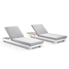 "Hawaii" Hamptons Style Aluminium Sun Lounge Set in White with Olefin Grey Cushions & Teak Look Round Side Table