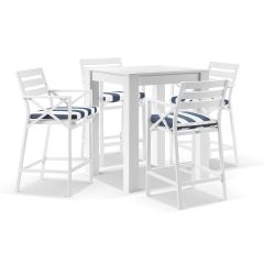 "Montego Bay" Hamptons Style Outdoor White Aluminium Bar Setting with 4 x Montego Bay Bar Stools, Navy & White Stripe Cushions