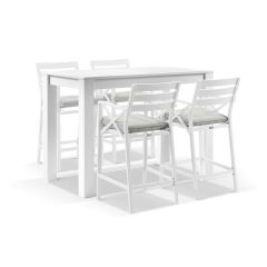 "Montego Bay" Hamptons Style Outdoor White Aluminium Bar Setting 1.5m Table + 4 x Bar Stools, Olefin Grey Cushions
