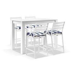 "Hawaii" Hamptons Style Outdoor White Aluminium Bar Setting 1.5m Table + 4 x Montego Bay Bar Stools, Blue & White Stripe Cushions
