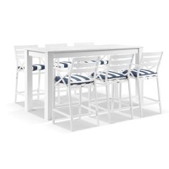 "Montego Bay" Hamptons Style Outdoor White Aluminium Bar Setting 2m Table + 6 x Bar Stools, Blue & White Stripe Cushions (RRP $3999)