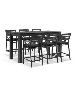 "Montego Bay" Hamptons Style Outdoor Aluminium 2m Bar Table with 6 Bar Stools, Charcoal (RRP $3699)